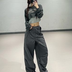 Dark Gray Letter Print Jazz Dance Sweatshirt and Vest Set - Early Autumn Two-Piece Outfit for Y2K and Street Style Fashion