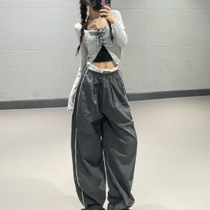 Dark Gray Quick-Dry Casual Pants for Women, Thin Elastic Waist, Loose Straight Leg, Perfect for Street Dance and Jazz Style