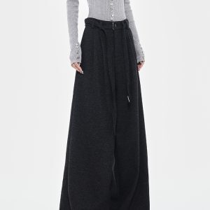 Dark Gray Thick Woolen Wide-Leg Trousers for Women - High-End Drape Suit Pants for Autumn and Winter Fashion