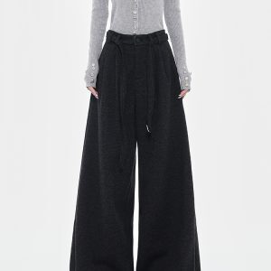 Dark Gray Thick Woolen Wide-Leg Trousers for Women - High-End Drape Suit Pants for Autumn and Winter Fashion