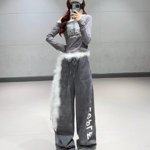 Dark Gray Tie-Dye Letter Print Sports Pants for Women, Elastic Waist Jazz Style K-Pop Casual Long Pants for Hot Girl Look