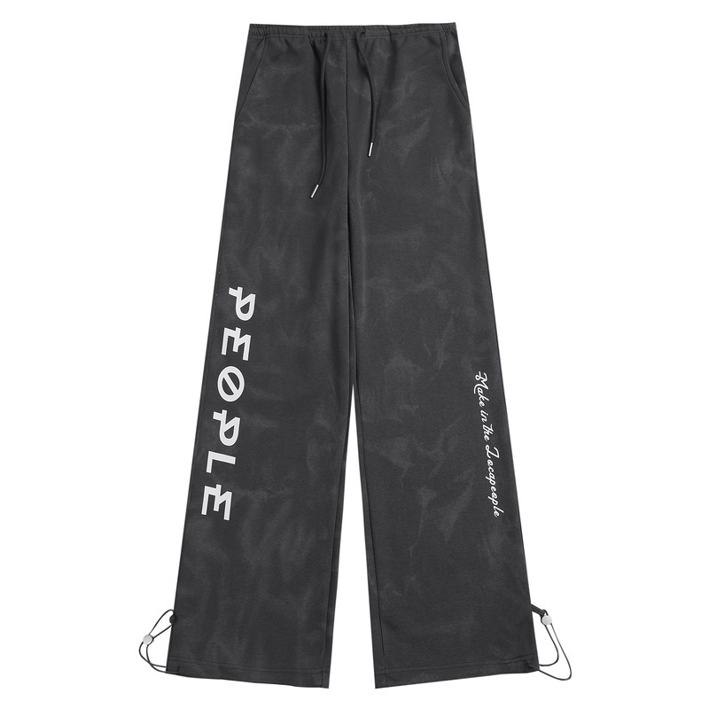 Dark Gray Tie-Dye Letter Print Sports Pants for Women, Elastic Waist Jazz Style K-Pop Casual Long Pants for Hot Girl Look