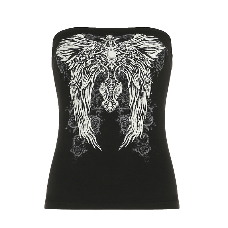 Dark Millennium Style Wing Print Sexy Strapless Tank Top for Women - Summer Slimming Y2K Fashion