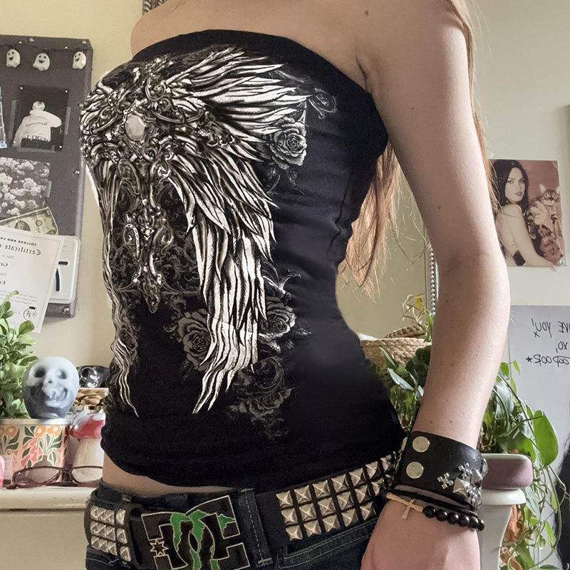 Dark Millennium Style Wing Print Sexy Strapless Tank Top for Women - Summer Slimming Y2K Fashion