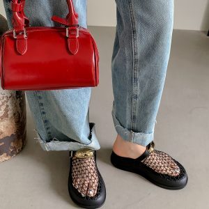 Dark Night Elf Metal Mesh Half Slippers for Women - Hollow Breathable Thick-Soled Closed-Toe Slides in European and American Style