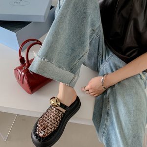 Dark Night Elf Metal Mesh Half Slippers for Women - Hollow Breathable Thick-Soled Closed-Toe Slides in European and American Style