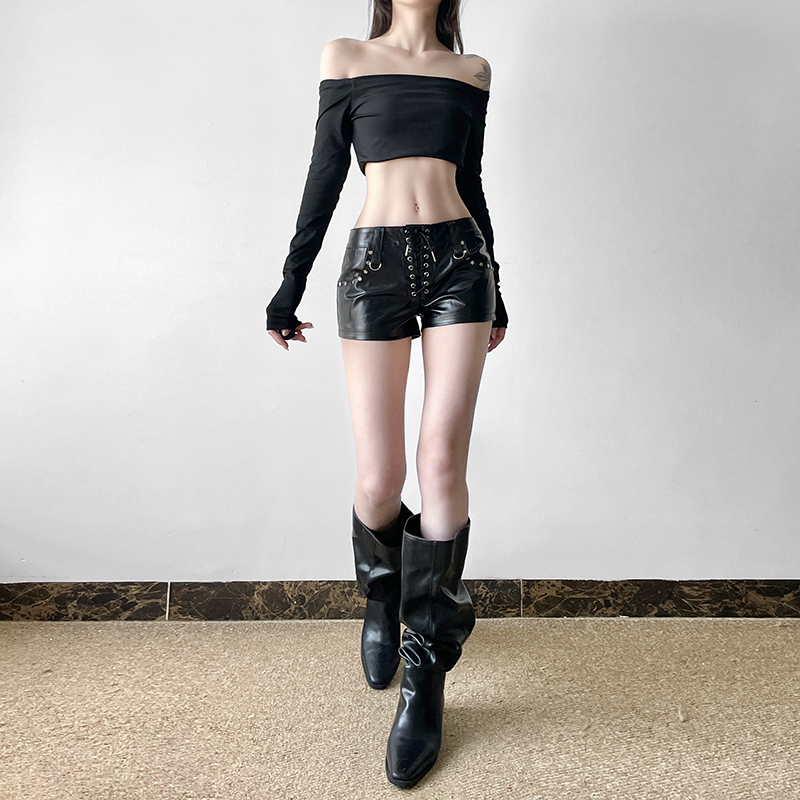 Dark Punk Style Metal Studded Leather Shorts - Autumn Trendy Low-Waist Lace-Up PU Ultra-Shorts for Hot Girls