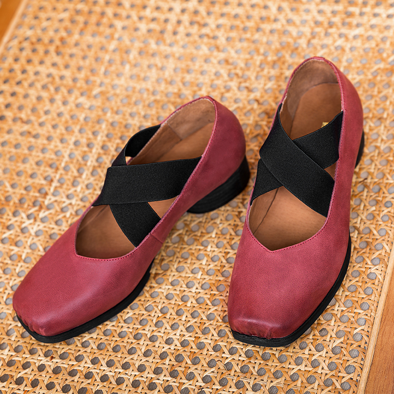 Dark Red Handmade Ballet Shoes for Women - Vintage 3cm Lace-Up Square Toe - 2024 Spring Fashion