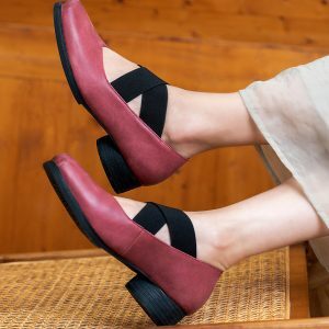 Dark Red Handmade Ballet Shoes for Women - Vintage 3cm Lace-Up Square Toe - 2024 Spring Fashion