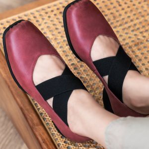 Dark Red Handmade Ballet Shoes for Women - Vintage 3cm Lace-Up Square Toe - 2024 Spring Fashion