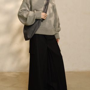 Dark Striped Wool Texture Pleated A-Line Cargo Skirt Pants with Side Pockets - Workwear Fashion, Versatile Style
