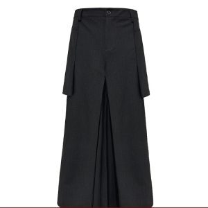 Dark Striped Wool Texture Pleated A-Line Cargo Skirt Pants with Side Pockets - Workwear Fashion, Versatile Style