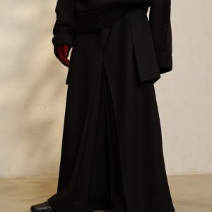 Dark Striped Wool Texture Pleated A-Line Cargo Skirt Pants with Side Pockets - Workwear Fashion, Versatile Style