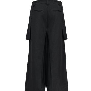 Dark Striped Wool Texture Pleated A-Line Cargo Skirt Pants with Side Pockets - Workwear Fashion, Versatile Style