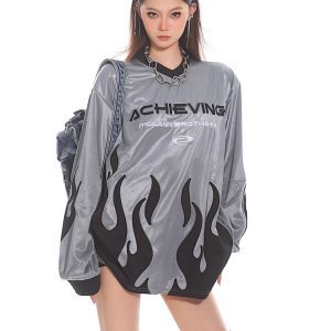 Deconstructed Liquid Gloss Color-Block Loose Long Sleeve T-Shirt - 2025 Early Spring Collection, Trendy 90s Y2K Style Top