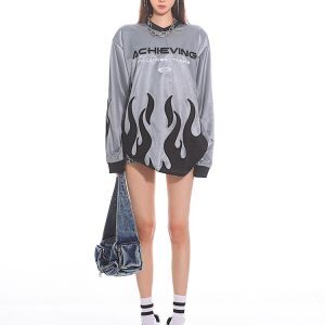 Deconstructed Liquid Gloss Color-Block Loose Long Sleeve T-Shirt - 2025 Early Spring Collection, Trendy 90s Y2K Style Top