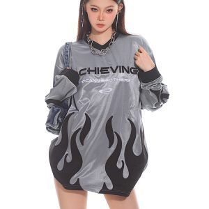 Deconstructed Liquid Gloss Color-Block Loose Long Sleeve T-Shirt - 2025 Early Spring Collection, Trendy 90s Y2K Style Top