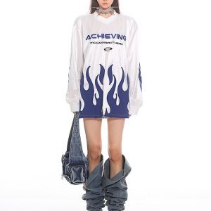 Deconstructed Liquid Gloss Color-Block Loose Long Sleeve T-Shirt - 2025 Early Spring Collection, Trendy 90s Y2K Style Top