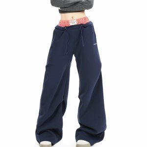Deep Blue Color-Blocked Relaxed Fit Tapered Sweatpants for Women - High-Quality Casual Sports Pants for Spring and Autumn