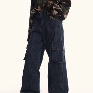Deep Blue Denim Workwear Jeans for Men and Women - Loose Fit American Vintage Casual Straight Wide-Leg Pants