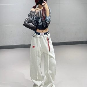 Deep Blue Tie-Dye Mesh Top with Color-Blocked Straight-Leg Sweatpants - Trendy Jazz Dance Outfit for Women