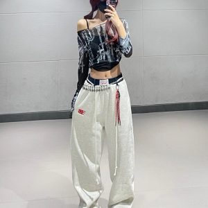 Deep Blue Tie-Dye Mesh Top with Color-Blocked Straight-Leg Sweatpants - Trendy Jazz Dance Outfit for Women