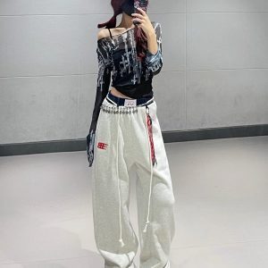 Deep Blue Tie-Dye Mesh Top with Color-Blocked Straight-Leg Sweatpants - Trendy Jazz Dance Outfit for Women