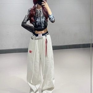 Deep Blue Tie-Dye Mesh Top with Color-Blocked Straight-Leg Sweatpants - Trendy Jazz Dance Outfit for Women