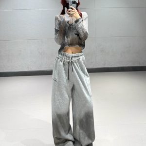 Deep Gray Knitted Short Sweater with Gray Gradient Tie-Dye Wide-Leg Sweatpants Set - Y2K Style Athleisure Outfit