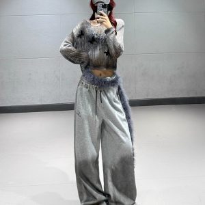 Deep Gray Knitted Short Sweater with Gray Gradient Tie-Dye Wide-Leg Sweatpants Set - Y2K Style Athleisure Outfit