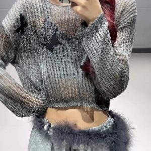Deep Gray Knitted Short Sweater with Gray Gradient Tie-Dye Wide-Leg Sweatpants Set - Y2K Style Athleisure Outfit