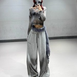 Deep Gray Knitted Short Sweater with Gray Gradient Tie-Dye Wide-Leg Sweatpants Set - Y2K Style Athleisure Outfit