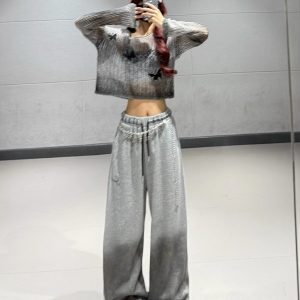 Deep Gray Knitted Short Sweater with Gray Gradient Tie-Dye Wide-Leg Sweatpants Set - Y2K Style Athleisure Outfit
