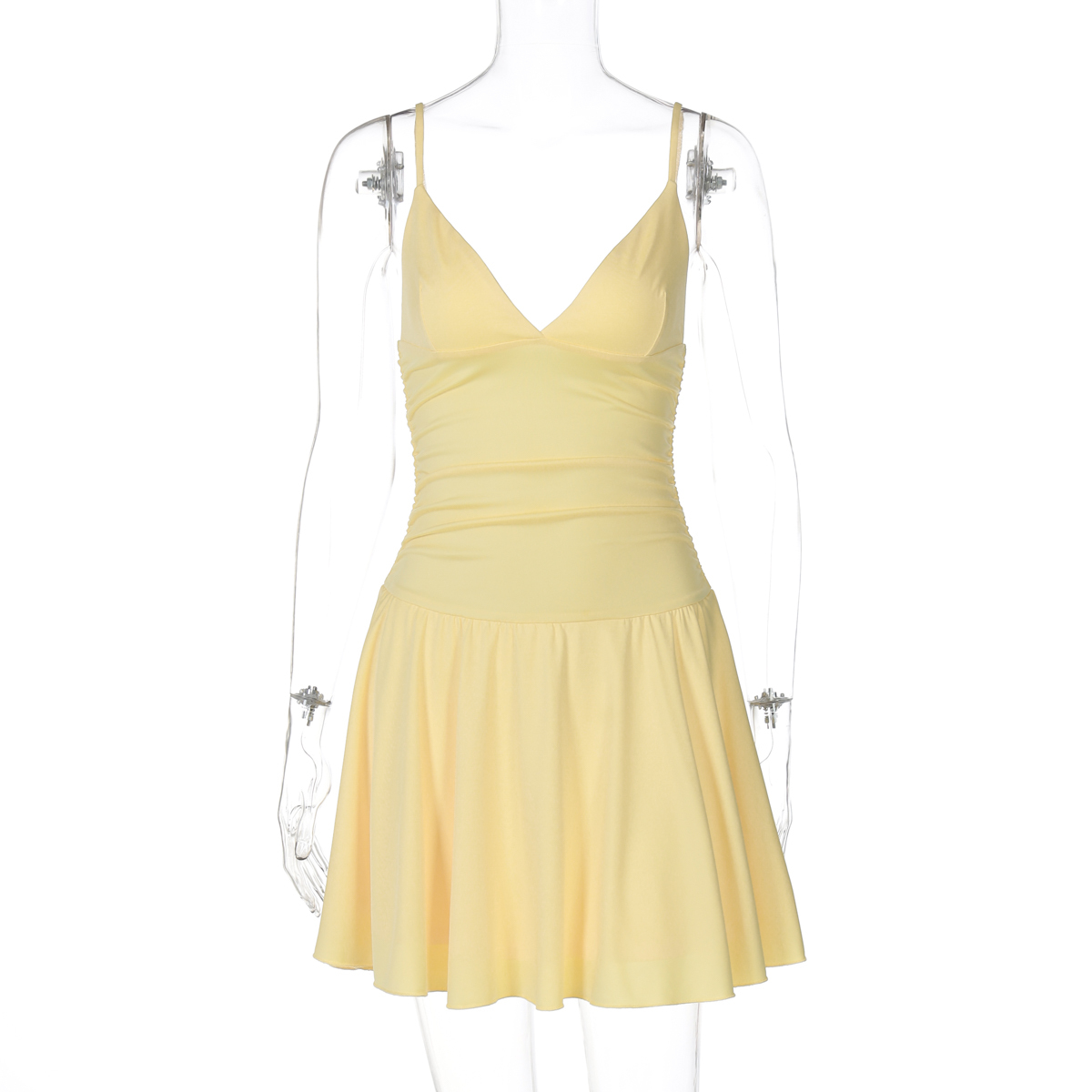 Deep V-Neck Backless Spaghetti Strap Dress for Women - Pleated High Waist Slim Fit Color-Blocked Summer Vacation Style