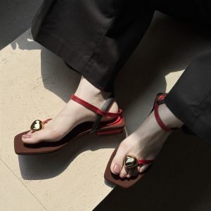 Delicate Straps French Minimalist Metal Buckle Flat Sandals for Women, Toe Post Square Toe Low Heel Summer Shoes 2025