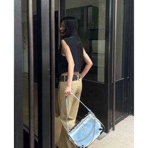 Denim Chain Bowling Bag with Cross Badge - 90s Spice Girl Inspired Boston Shoulder Bag for Trendy Style