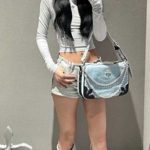 Denim Chain Bowling Bag with Cross Badge - 90s Spice Girl Inspired Boston Shoulder Bag for Trendy Style