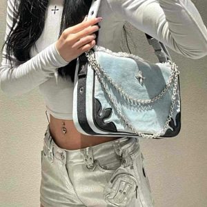Denim Chain Bowling Bag with Cross Badge - 90s Spice Girl Inspired Boston Shoulder Bag for Trendy Style