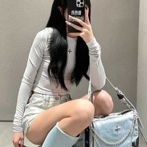 Denim Chain Bowling Bag with Cross Badge - 90s Spice Girl Inspired Boston Shoulder Bag for Trendy Style