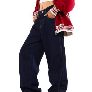 Denim Deep Blue Wash Loose American Vintage Wide-Leg Straight Pants for Men and Women - 90s Inspired Fashion