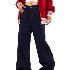 Denim Deep Blue Wash Loose American Vintage Wide-Leg Straight Pants for Men and Women - 90s Inspired Fashion