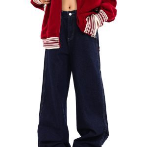Denim Deep Blue Wash Loose American Vintage Wide-Leg Straight Pants for Men and Women - 90s Inspired Fashion