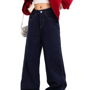 Denim Deep Blue Wash Loose American Vintage Wide-Leg Straight Pants for Men and Women - 90s Inspired Fashion