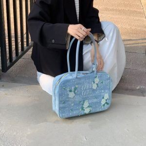 Denim Floral Embroidered Bowling Bag with Studs - Stylish Shoulder Handbag for Women - Perfect for Spring and Summer Commutes