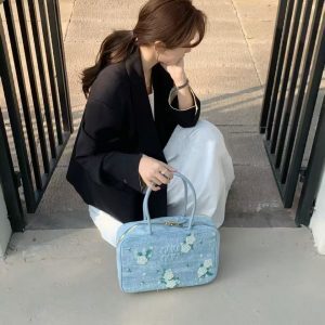 Denim Floral Embroidered Bowling Bag with Studs - Stylish Shoulder Handbag for Women - Perfect for Spring and Summer Commutes