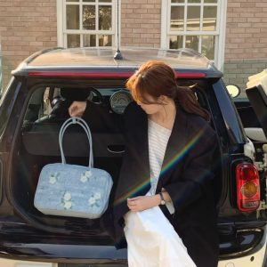 Denim Floral Embroidered Bowling Bag with Studs - Stylish Shoulder Handbag for Women - Perfect for Spring and Summer Commutes