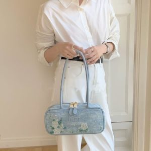 Denim Floral Embroidered Bowling Bag with Studs - Stylish Shoulder Handbag for Women - Perfect for Spring and Summer Commutes