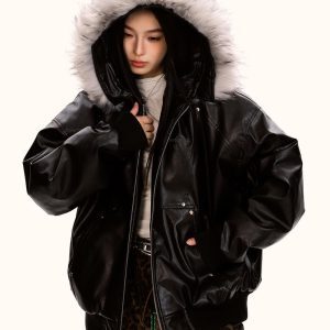 Detachable Fur Collar PU Leather Jacket for Men and Women - Trendy Loose Fit Cotton Coat for Autumn and Winter Fashion