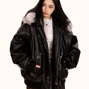 Detachable Fur Collar PU Leather Jacket for Men and Women - Trendy Loose Fit Cotton Coat for Autumn and Winter Fashion