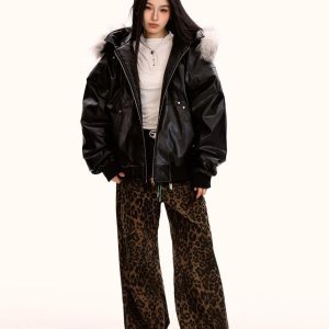 Detachable Fur Collar PU Leather Jacket for Men and Women - Trendy Loose Fit Cotton Coat for Autumn and Winter Fashion